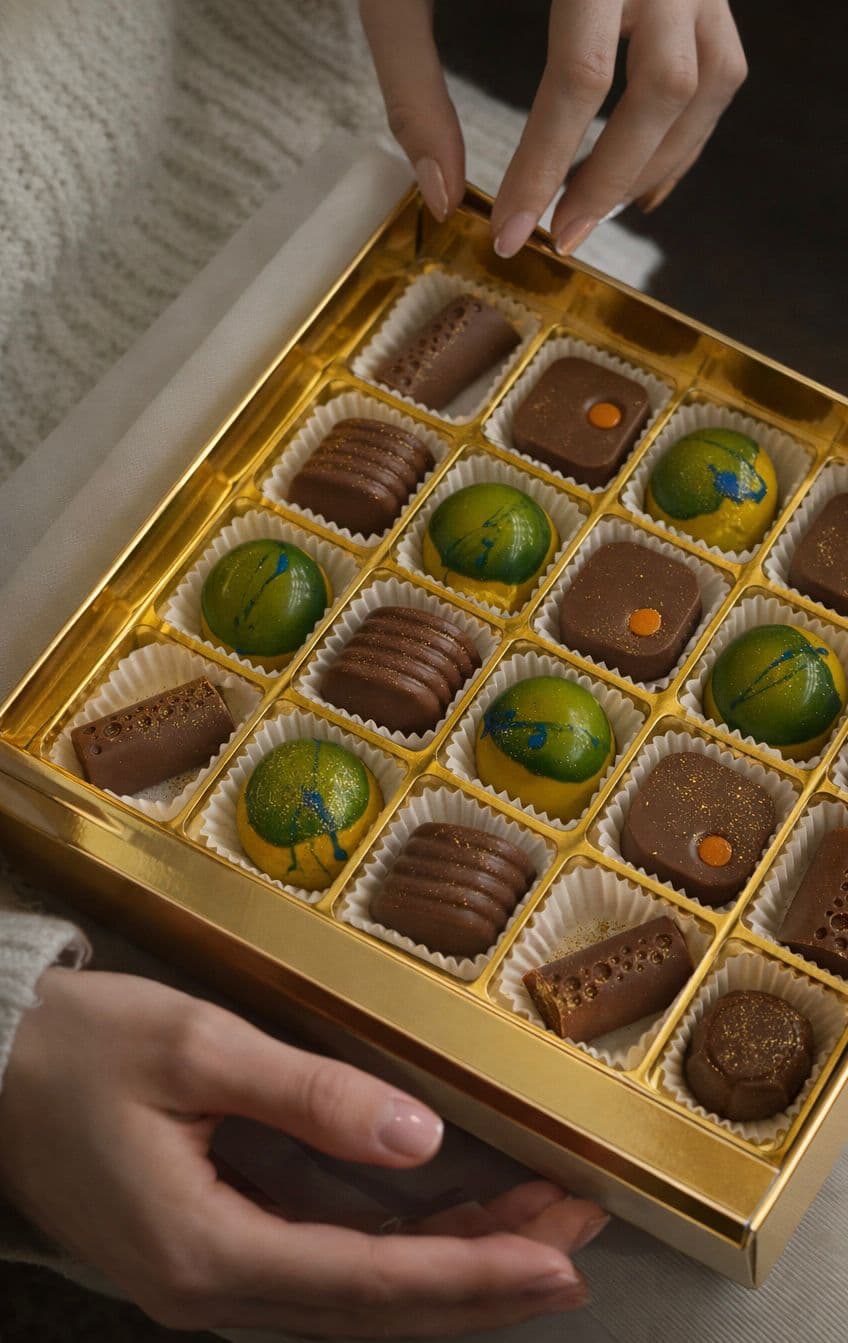 Hands opening a Benne Confiserie praline gift box
